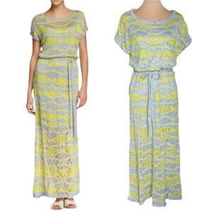 NWOT VERTIGO Sheer Knit Maxi Dress Sz.L Gray Yellow Belted Beach Summer Mesh